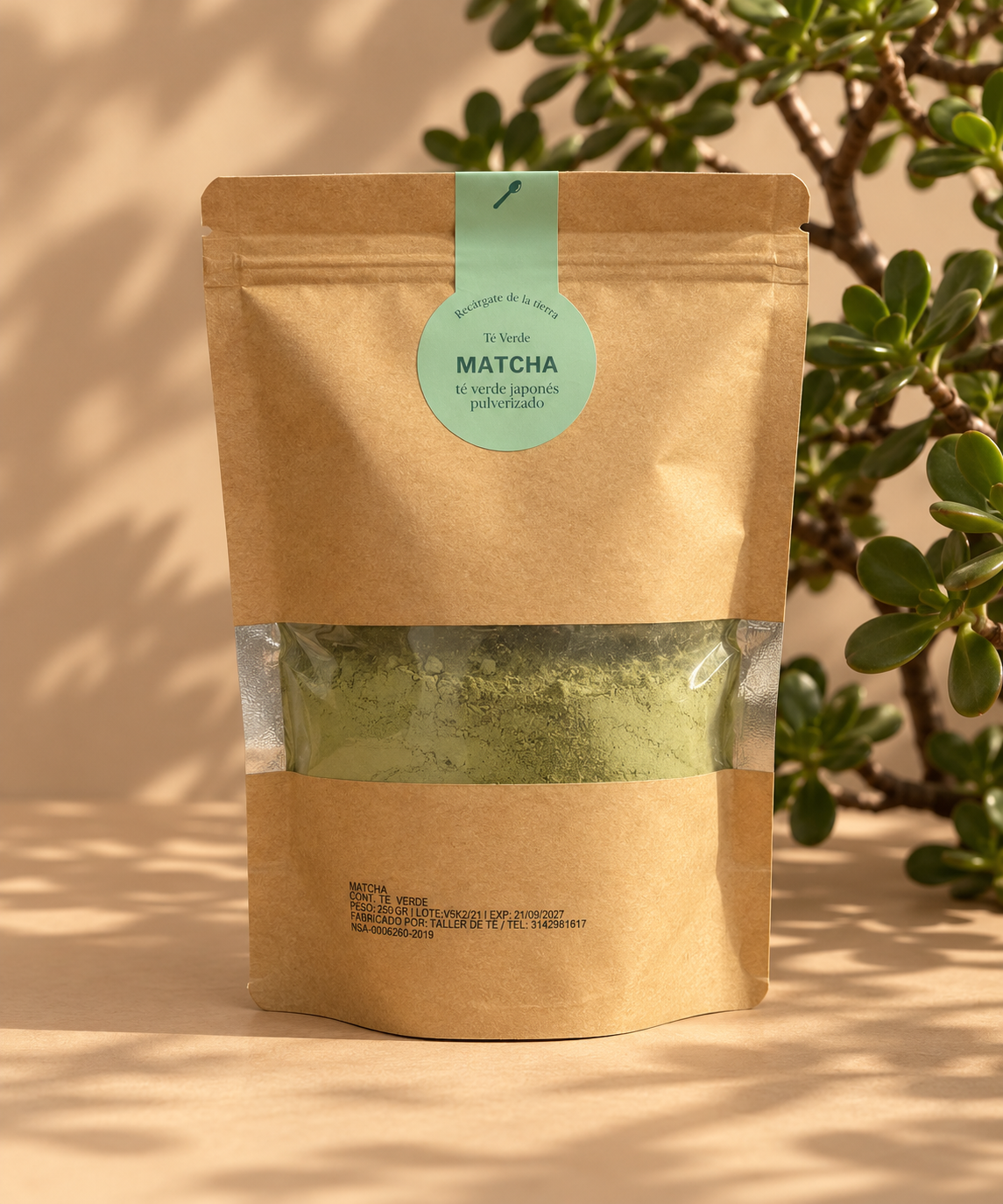 Bolsa de matcha junto a suculenta